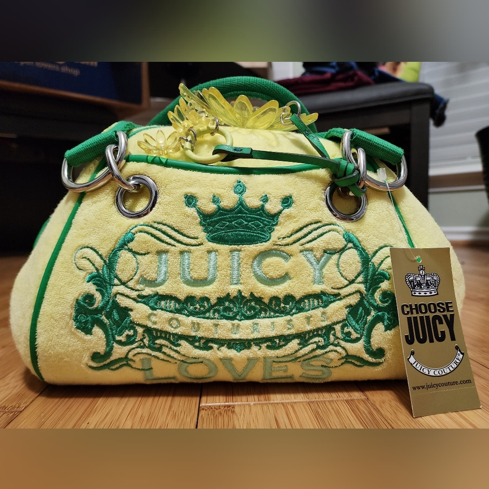 SEND OFFERS Y2K Juicy Couture Green Yellow Velour Bowler Satchel Bag Velvet 2002